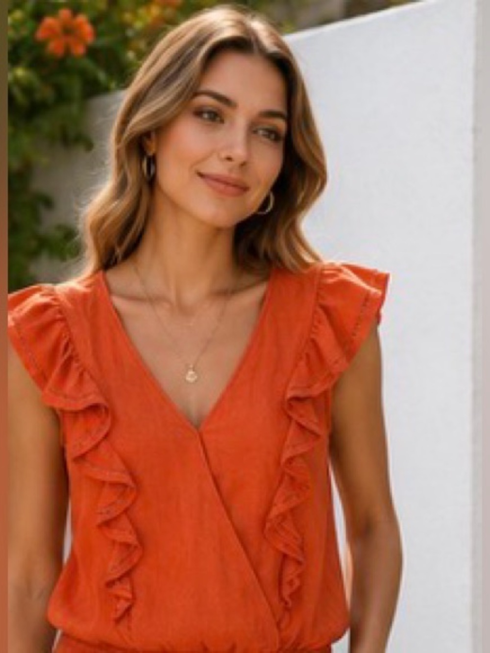 Marc New York Andrew Marc 100% Linen Ruffle Sleeve Blouse XL Orange